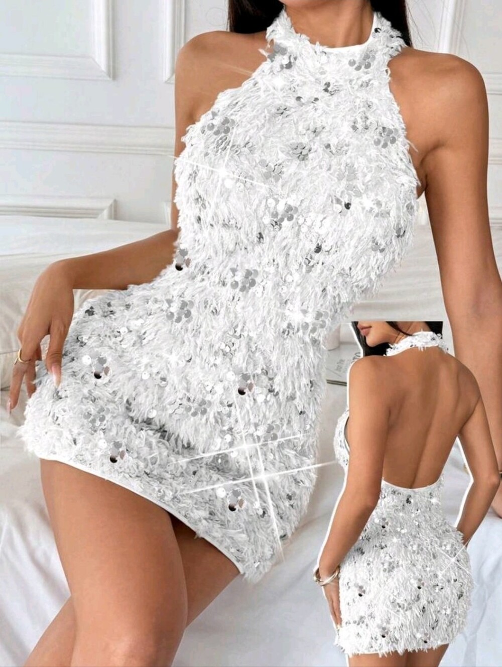 Almamuse Sequin Fringe Halter Bodycon Mini Dress